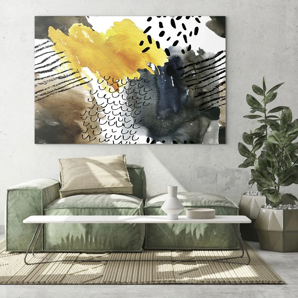 Glastavla - Bild på glas - En abstrakt komposition med prickar och linjer i jordnära färger. - 70x50cm - Elementens möte - Modern väggdekoration för vardagsrum och sovrum ARTTOR