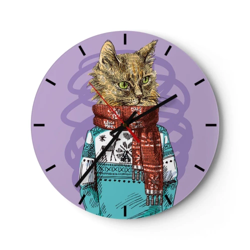 Väggklocka - Klocka på glas - En katt i vinterdräkt med halsduk på en lila bakgrund - 30x30cm - Mästerkatten - Modern väggdekoration för vardagsrum, kök och sovrum ARTTOR