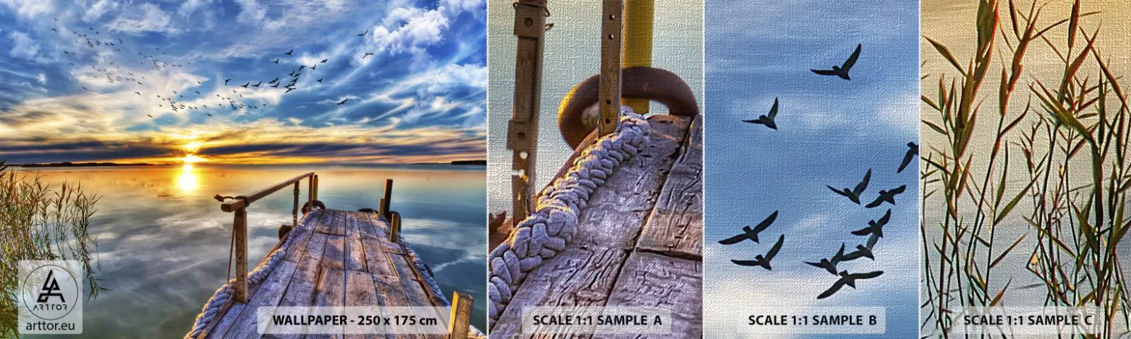 Provbit av fototapet Premium Canvas - Vinden lägger sig - Landskap, Sjö, Träbro - 100x30 cm