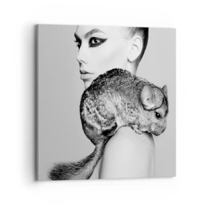 Canvastavla - Bild på duk - Dam med chinchilla - 70x70 cm