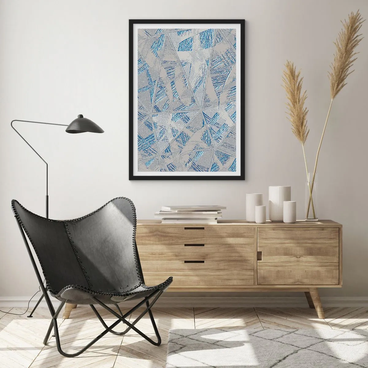 Affisch i svart ram - Geometrisk abstraktion i nyanser av blått och grått - 50x70cm - I en gråblå labyrint - Modern väggdekoration för vardagsrum och sovrum ARTTOR