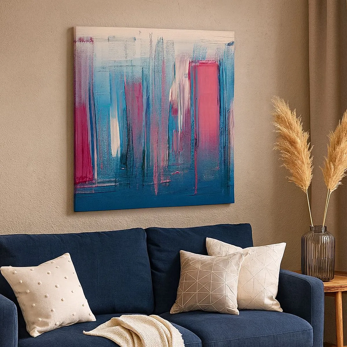 Canvastavla - Bild på duk - Vertikal komposition i blått och rött - 30x30 cm