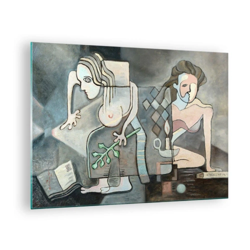 Glastavla - Bild på glas - En abstrakt scen med två figurer i kubistisk stil. - 70x50cm - Själens och materias mosaik - Modern väggdekoration för vardagsrum och sovrum ARTTOR
