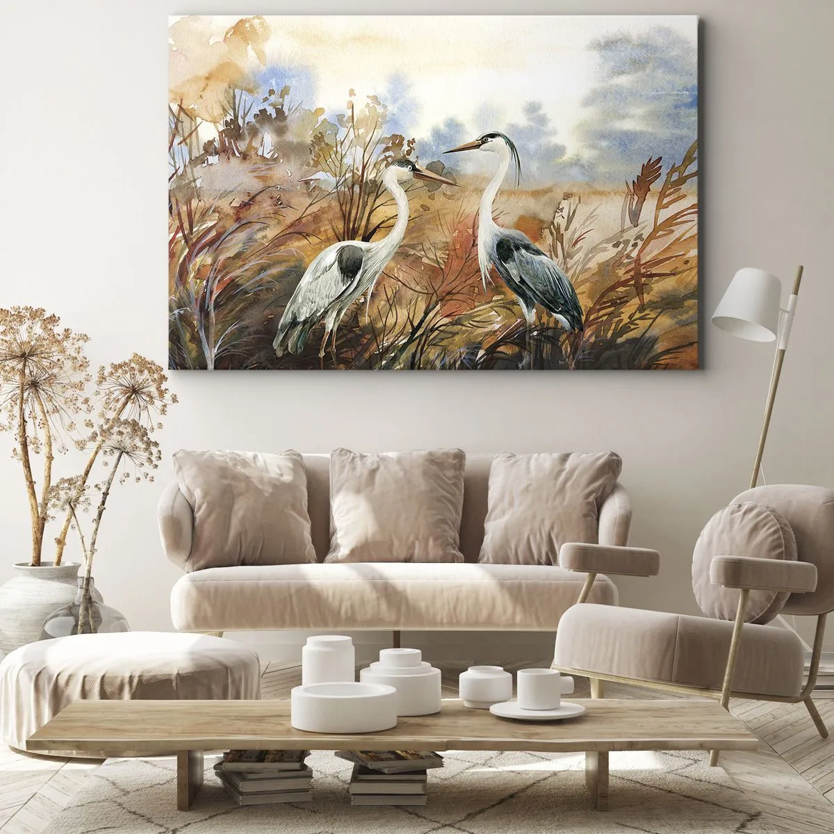 Canvastavla - Bild på duk - Två hägrar mot bakgrund av ett höstlandskap - 70x50cm - Vart ska vi på hösten? - Modern väggdekoration för vardagsrum och sovrum ARTTOR
