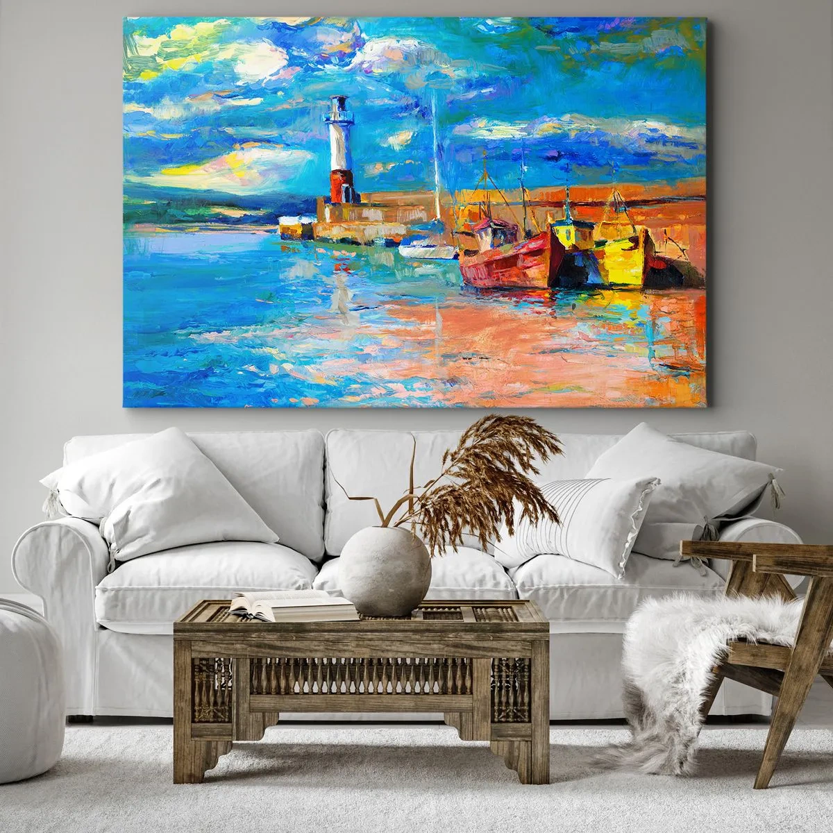 Canvastavla - Bild på duk - Fiskehamn med båtar och en fyr i ljusa färger - 70x50cm - Eftermiddag i regnbågsviken - Modern väggdekoration för vardagsrum och sovrum ARTTOR