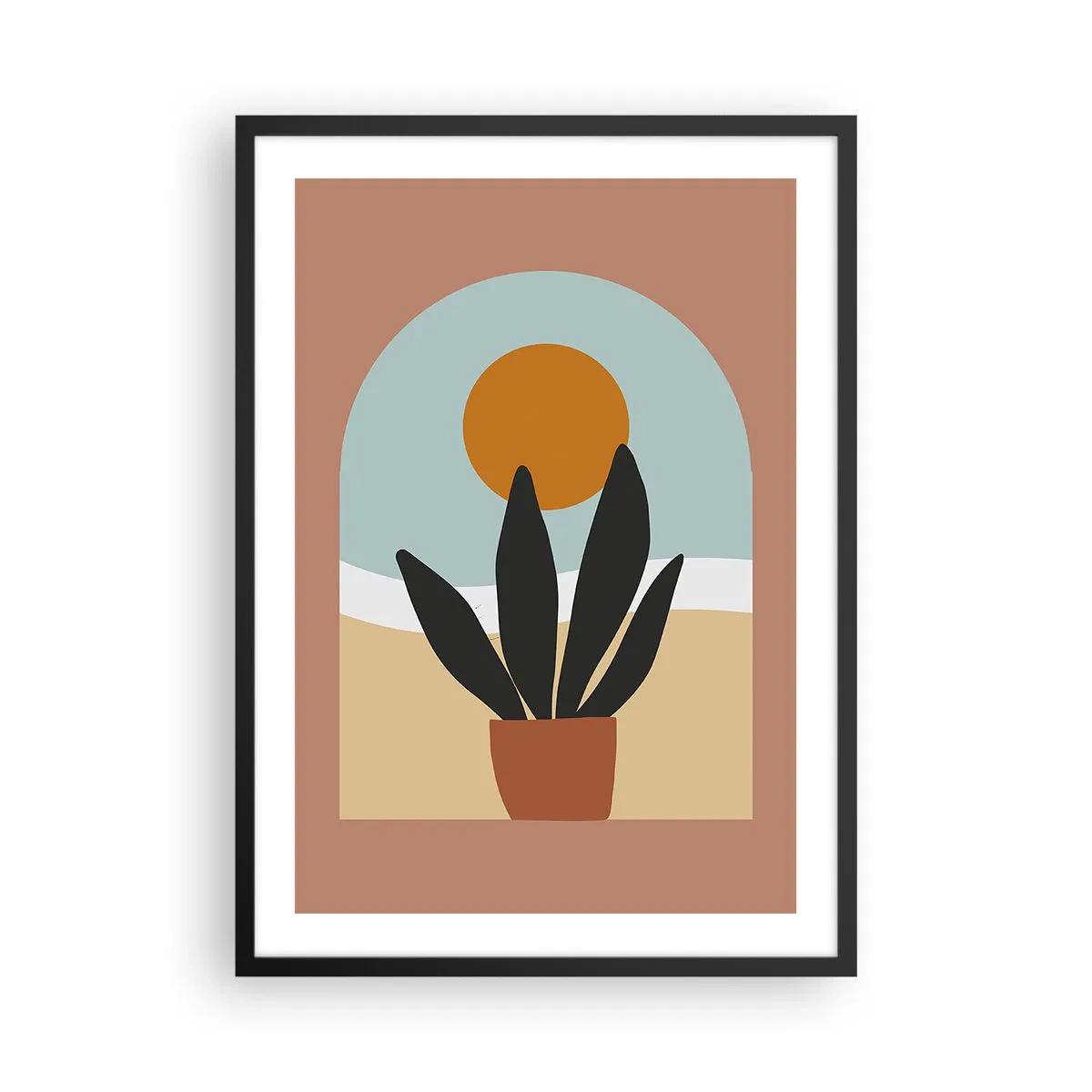 Affisch i svart ram - En krukväxt framför en båge med en solnedgång i bakgrunden - 50x70cm - Små glädje - Modern väggdekoration för vardagsrum och sovrum ARTTOR