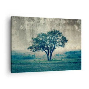 Canvastavla - Bild på duk - Ett ensamt träd mot ett dimmigt landskap - 70x50cm - Äppelträd på blå betesmark? - Modern väggdekoration för vardagsrum och sovrum ARTTOR