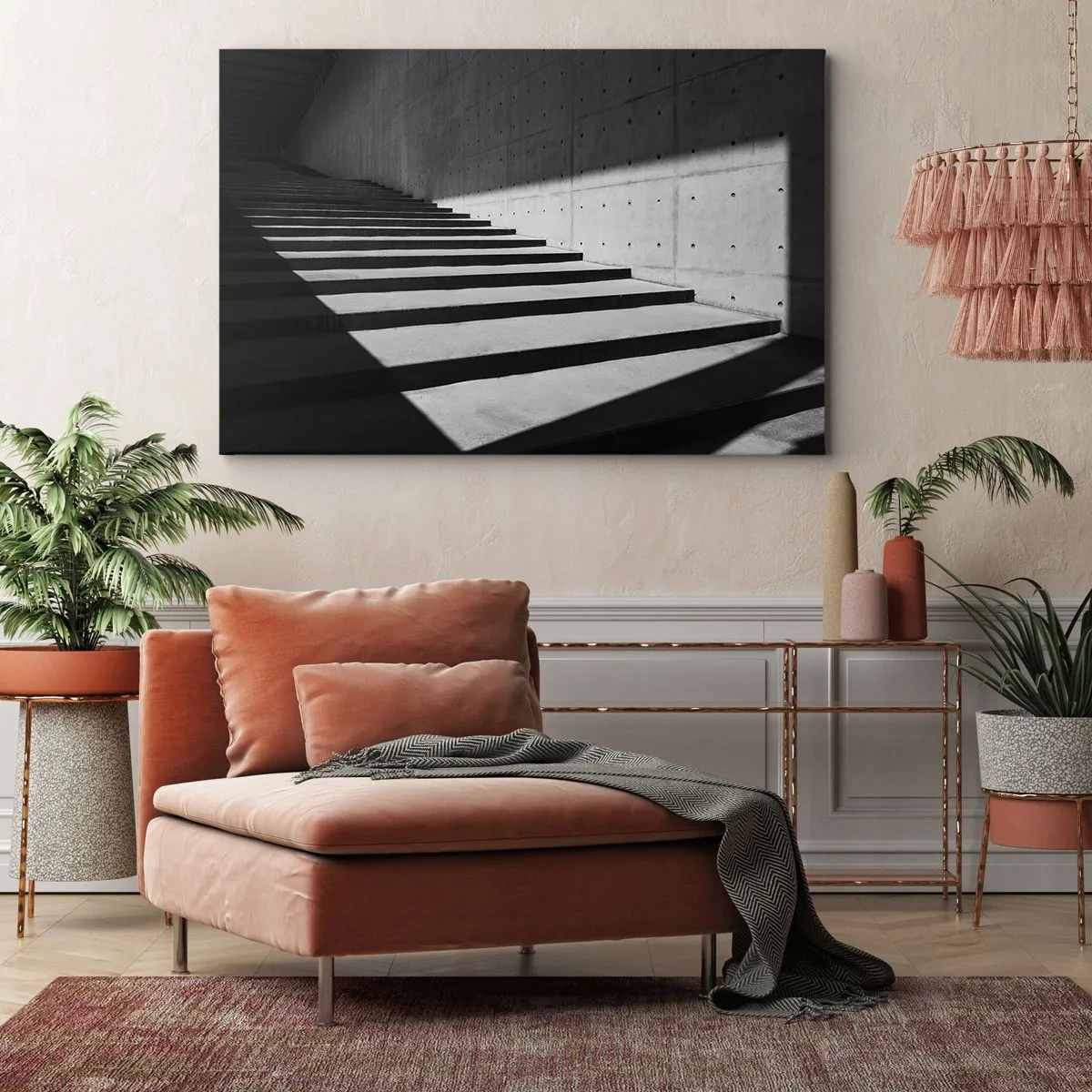 Canvastavla - Bild på duk - Trappor i minimalistisk stil i svartvitt - 70x50cm - Modernismens råa skönhet - Modern väggdekoration för vardagsrum och sovrum ARTTOR