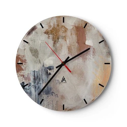 Väggklocka - Klocka på glas - Beige och brun abstraktion med fina penseldrag - 30x30cm - Dimmig abstraktion - Modern väggdekoration för vardagsrum, kök och sovrum ARTTOR