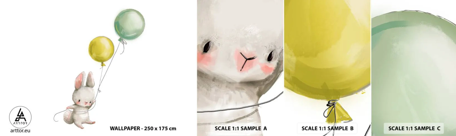 Provbit av självhäftande fototapet Deluxe Sticker - Jag flyger med! - För barn, Kanin, Färgglada ballonger - 100x30 cm