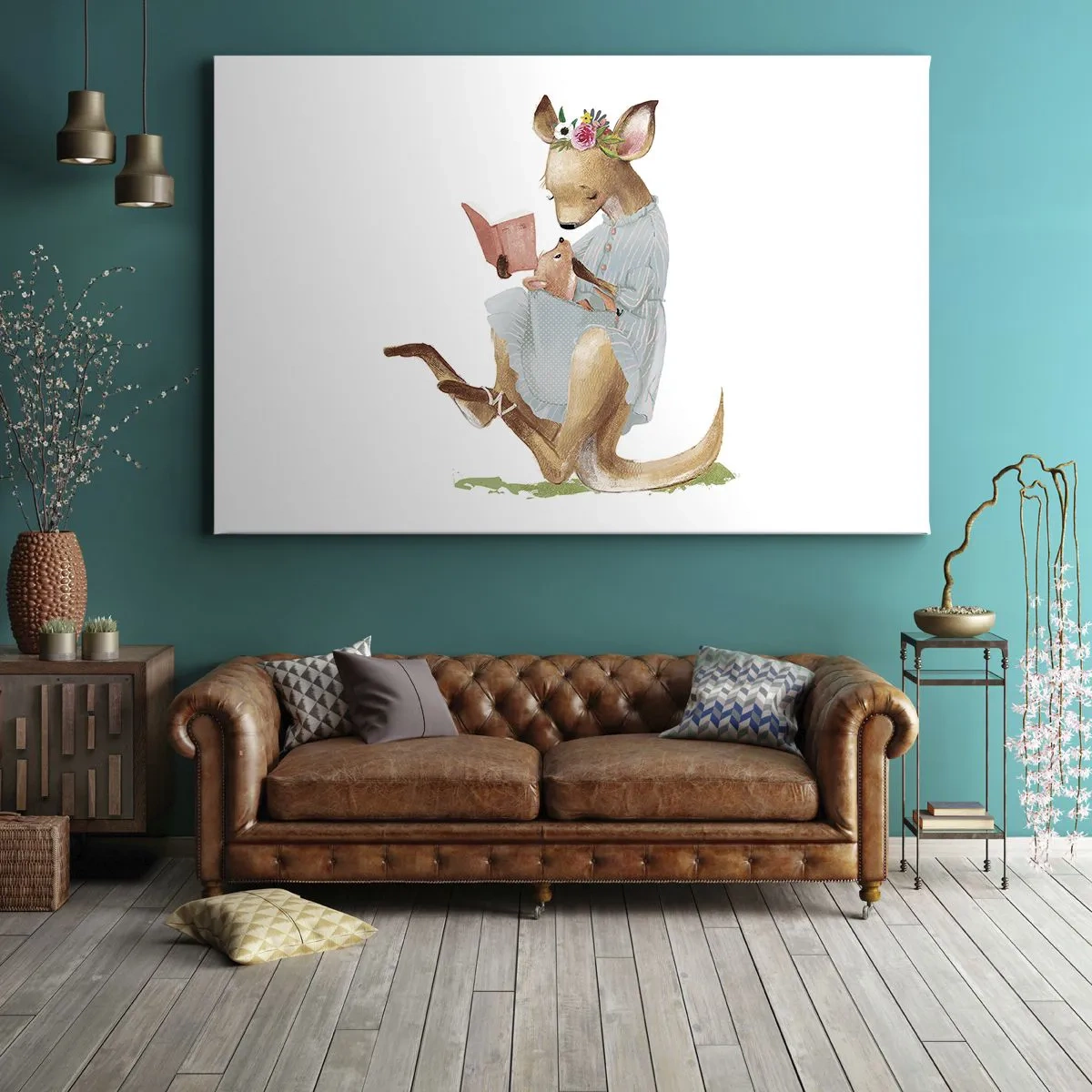 Canvastavla - Bild på duk - Kanga läser en bok med en bebis - 70x50cm - Mamma, läs för mig - Modern väggdekoration för vardagsrum och sovrum ARTTOR