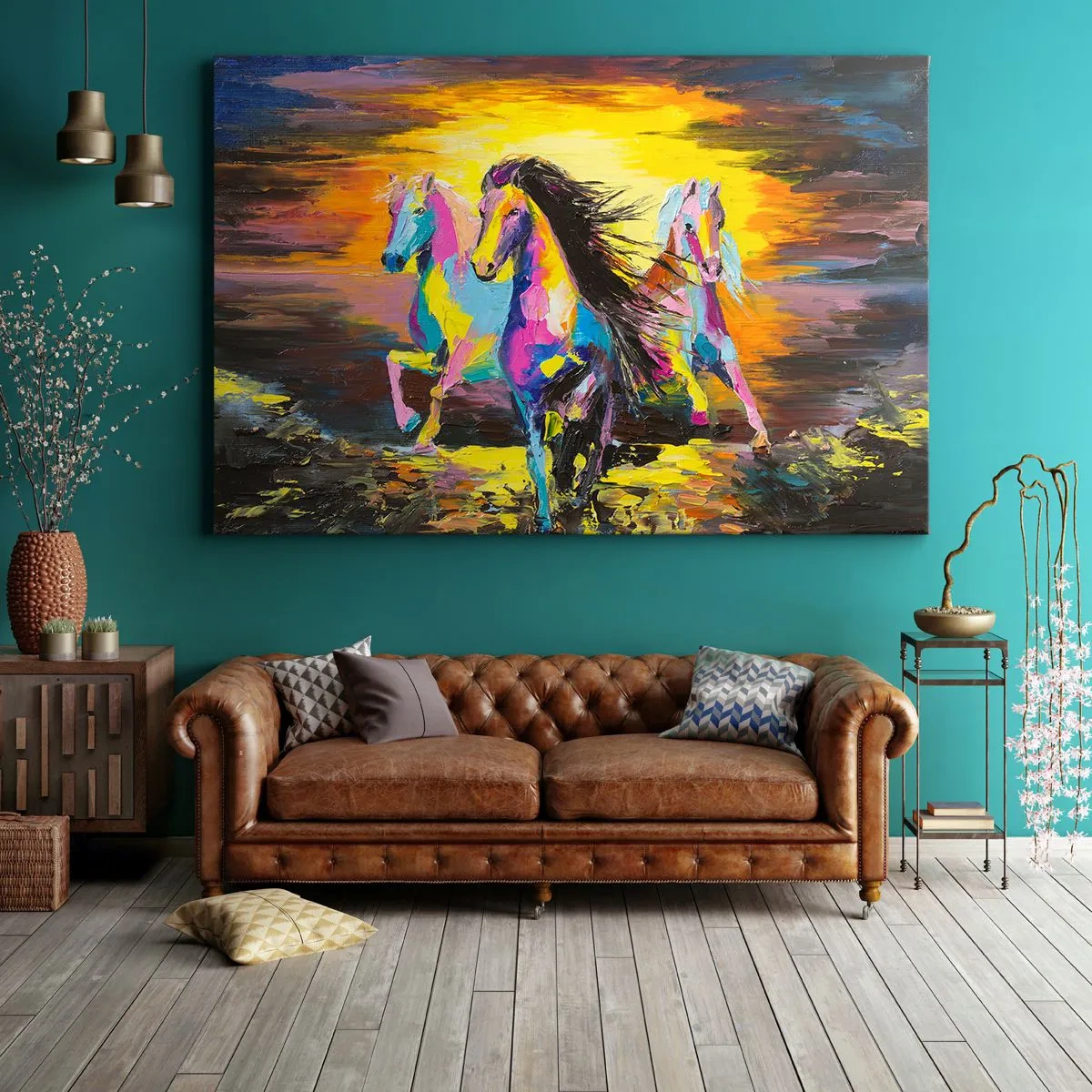 Canvastavla - Bild på duk - Färgglada hästar galopperar mot bakgrund av den nedgående solen - 70x50cm - Doppade i regnbågen - Modern väggdekoration för vardagsrum och sovrum ARTTOR