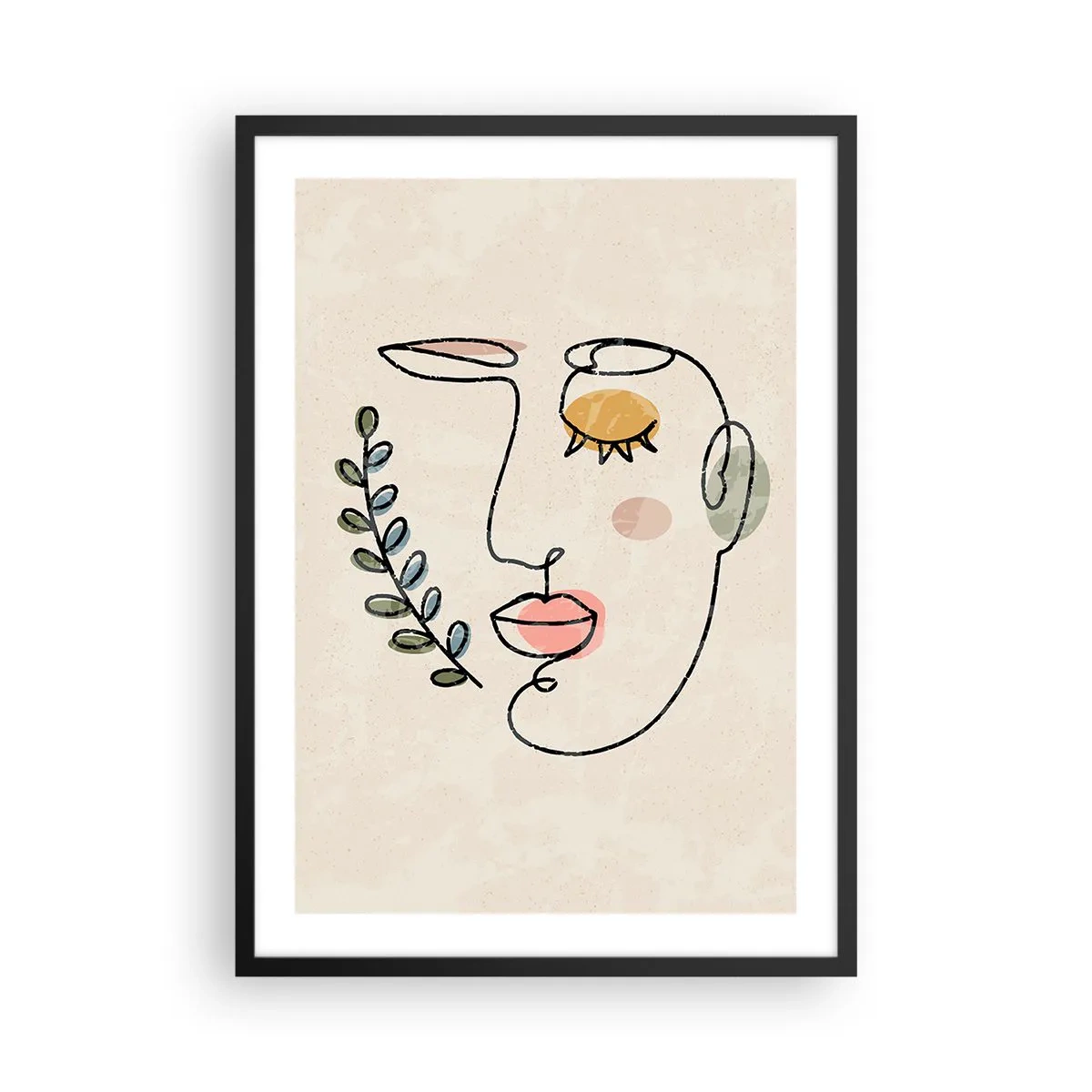 Affisch i svart ram - Minimalistiskt linjeporträtt av en kvinna mot beige bakgrund - 50x70cm - Återfunnet lugn  - Modern väggdekoration för vardagsrum och sovrum ARTTOR