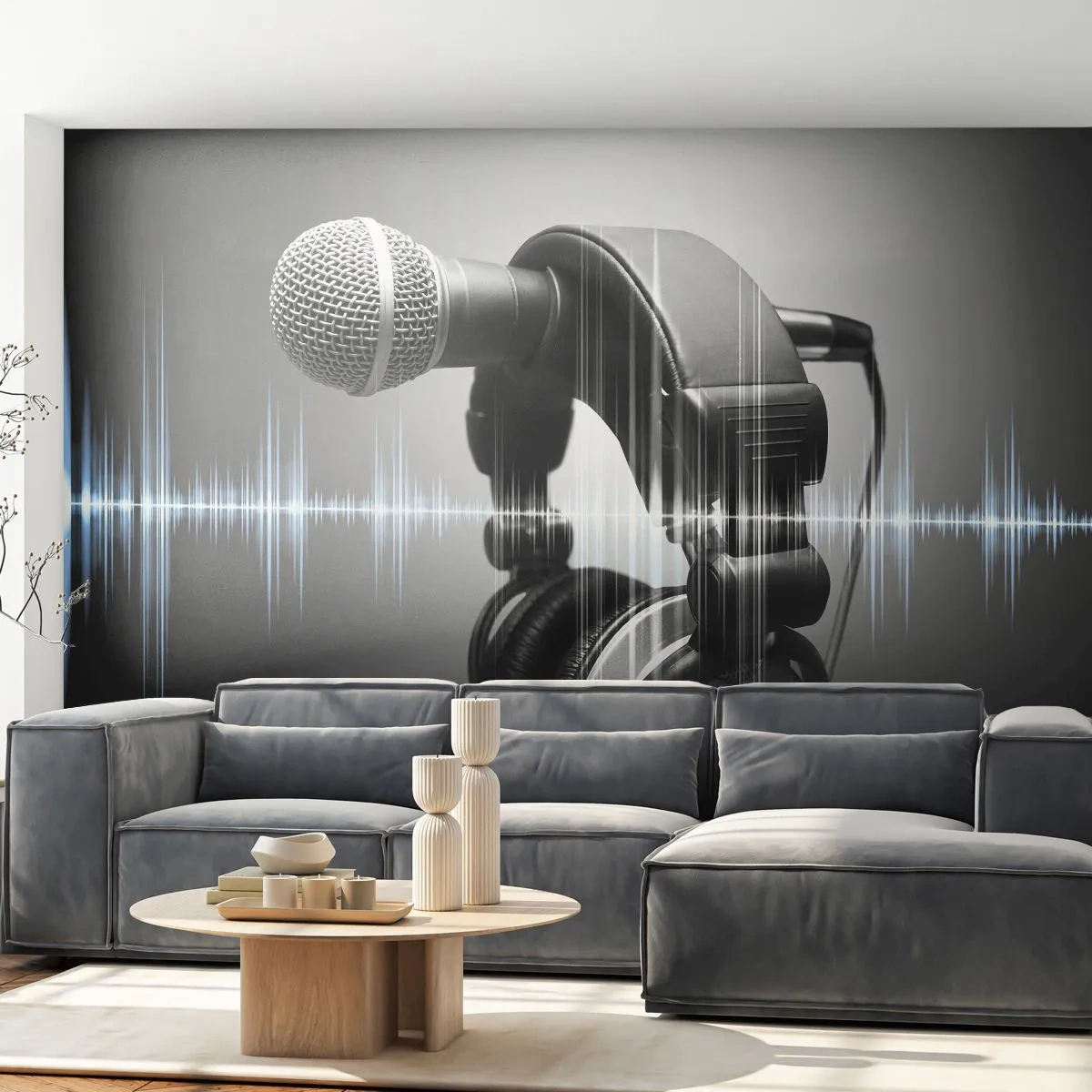 Självhäftande Fototapet Deluxe Sticker - Sången hörs fortfarande - Mikrofon, Musikaliska hörlurar, musik - 250x175 cm