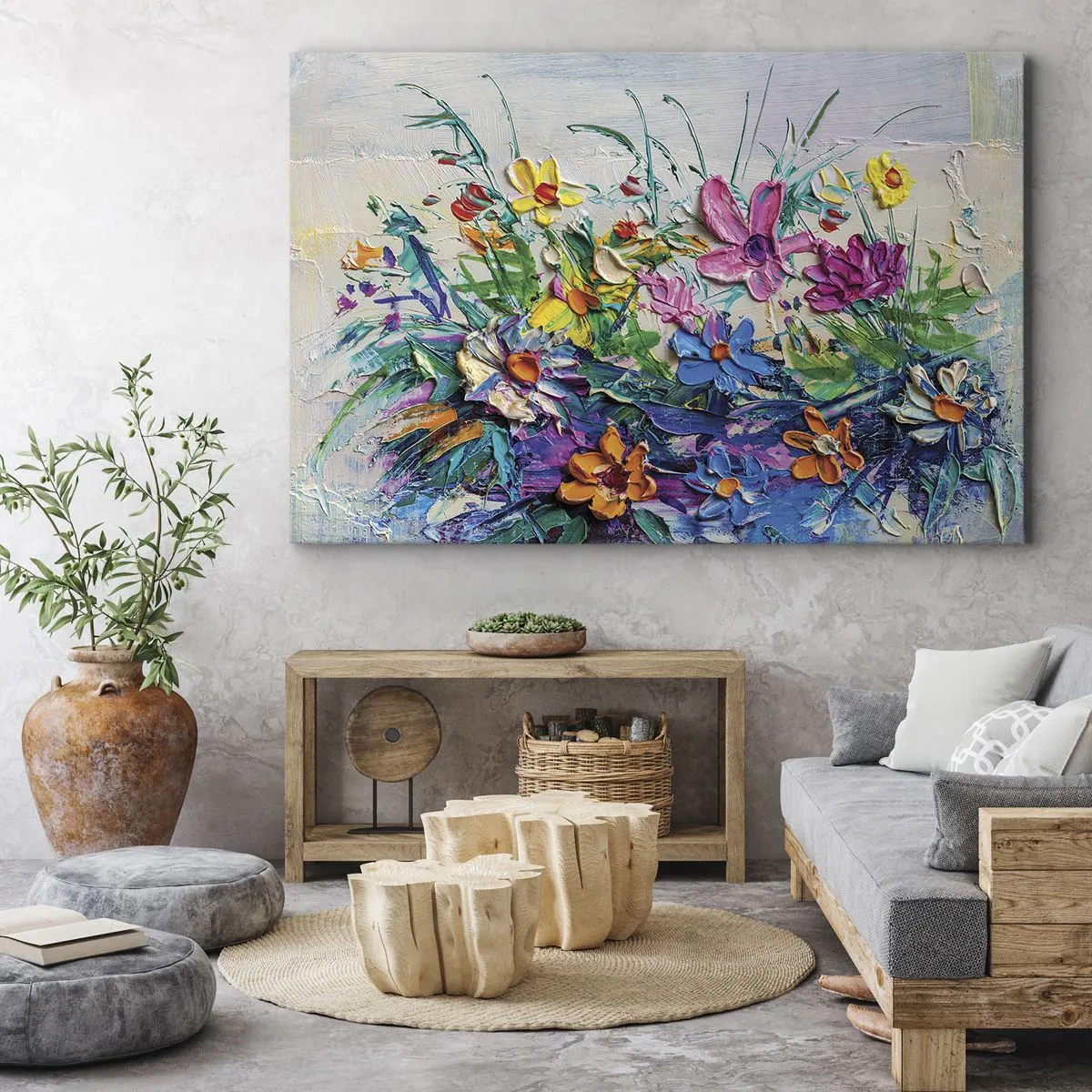 Canvastavla - Bild på duk - En färgglad blombukett målad med impastotekniken - 70x50cm - Icke stilleben - Modern väggdekoration för vardagsrum och sovrum ARTTOR