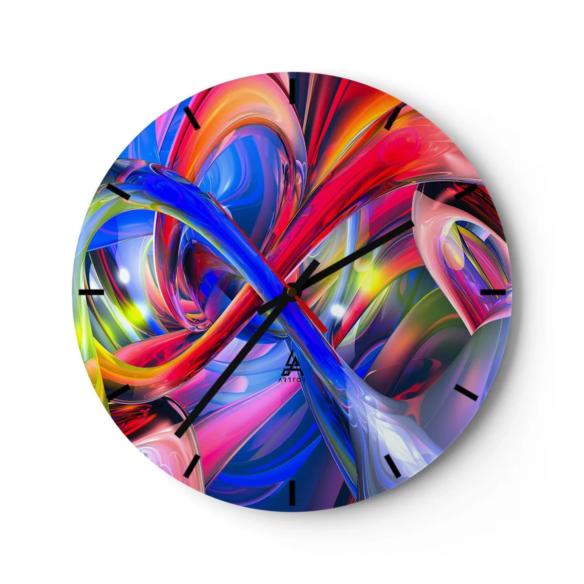 Väggklocka - Klocka på glas - En abstrakt komposition i livfulla och intensiva färger. - 30x30cm - Färgdans - Modern väggdekoration för vardagsrum, kök och sovrum ARTTOR