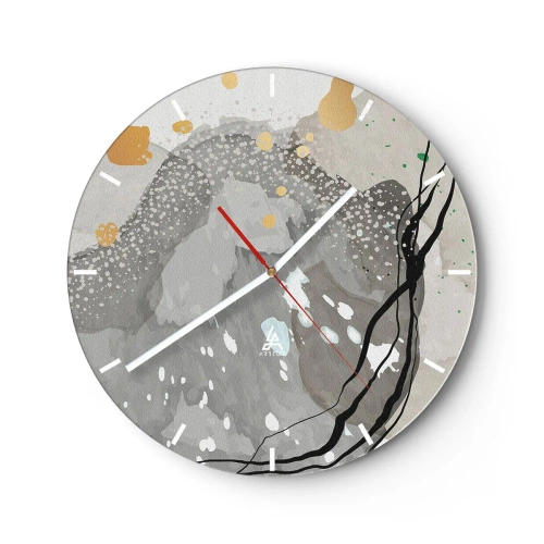 Väggklocka - Klocka på glas - En abstrakt gråbeige komposition med organiska former. - 30x30cm - Organisk komposition - Modern väggdekoration för vardagsrum, kök och sovrum ARTTOR