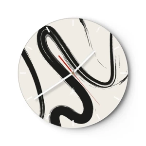 Väggklocka - Klocka på glas - Dynamiska svarta penseldrag mot en ljus bakgrund - 30x30cm - Svart och vit elegans - Modern väggdekoration för vardagsrum, kök och sovrum ARTTOR