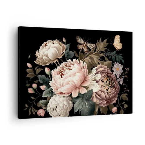Canvastavla - Bild på duk - En bukett av rosa blommor och fjärilar på svart bakgrund - 70x50cm - I barockstil - Modern väggdekoration för vardagsrum och sovrum ARTTOR