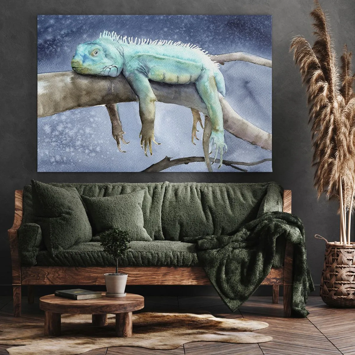 Canvastavla - Bild på duk - Blå leguan som vilar på en gren - 70x50cm - Det är bra! - Modern väggdekoration för vardagsrum och sovrum ARTTOR