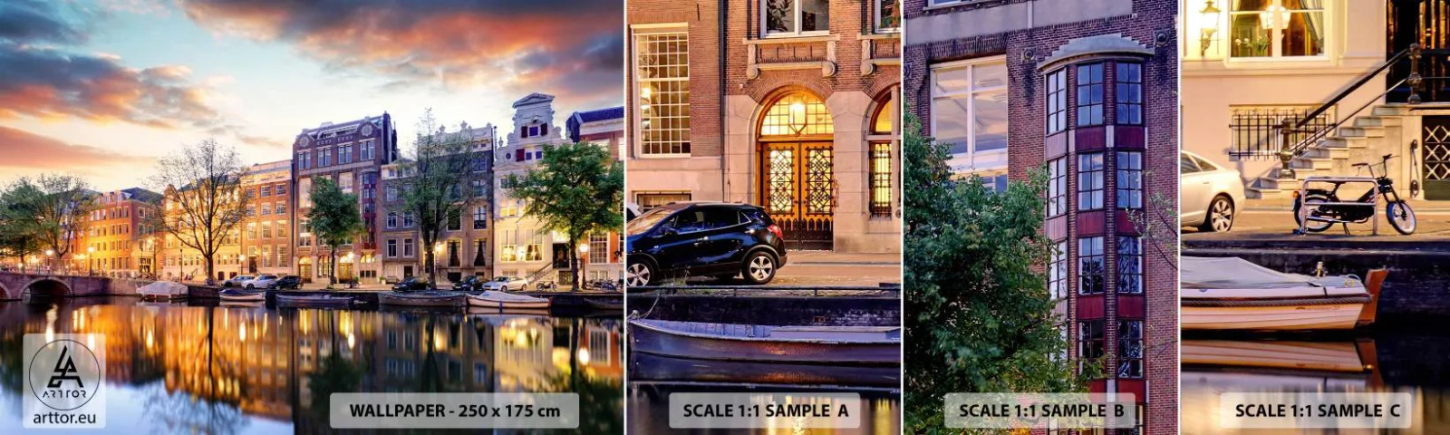 Provbit av självhäftande fototapet Deluxe Sticker - Återhållsam och lugn holländsk skönhet - Stad, Arkitektur, amsterdam - 100x30 cm