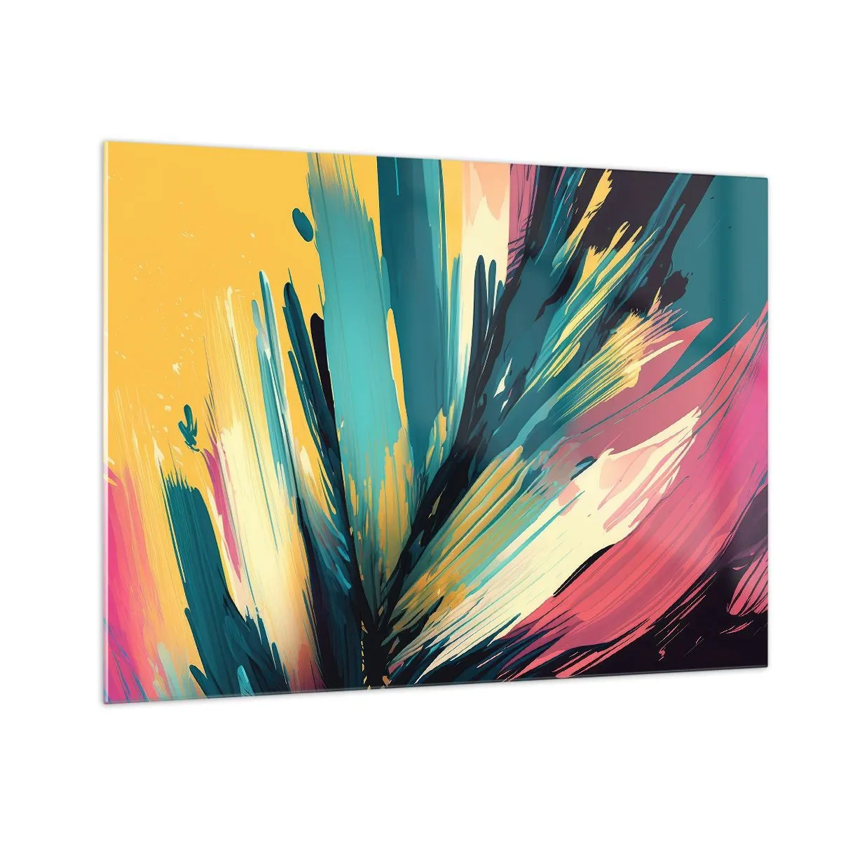 Glastavla - Bild på glas - Dynamiska penseldrag i livfulla färger - 70x50cm - Komposition - en explosion av glädje - Modern väggdekoration för vardagsrum och sovrum ARTTOR