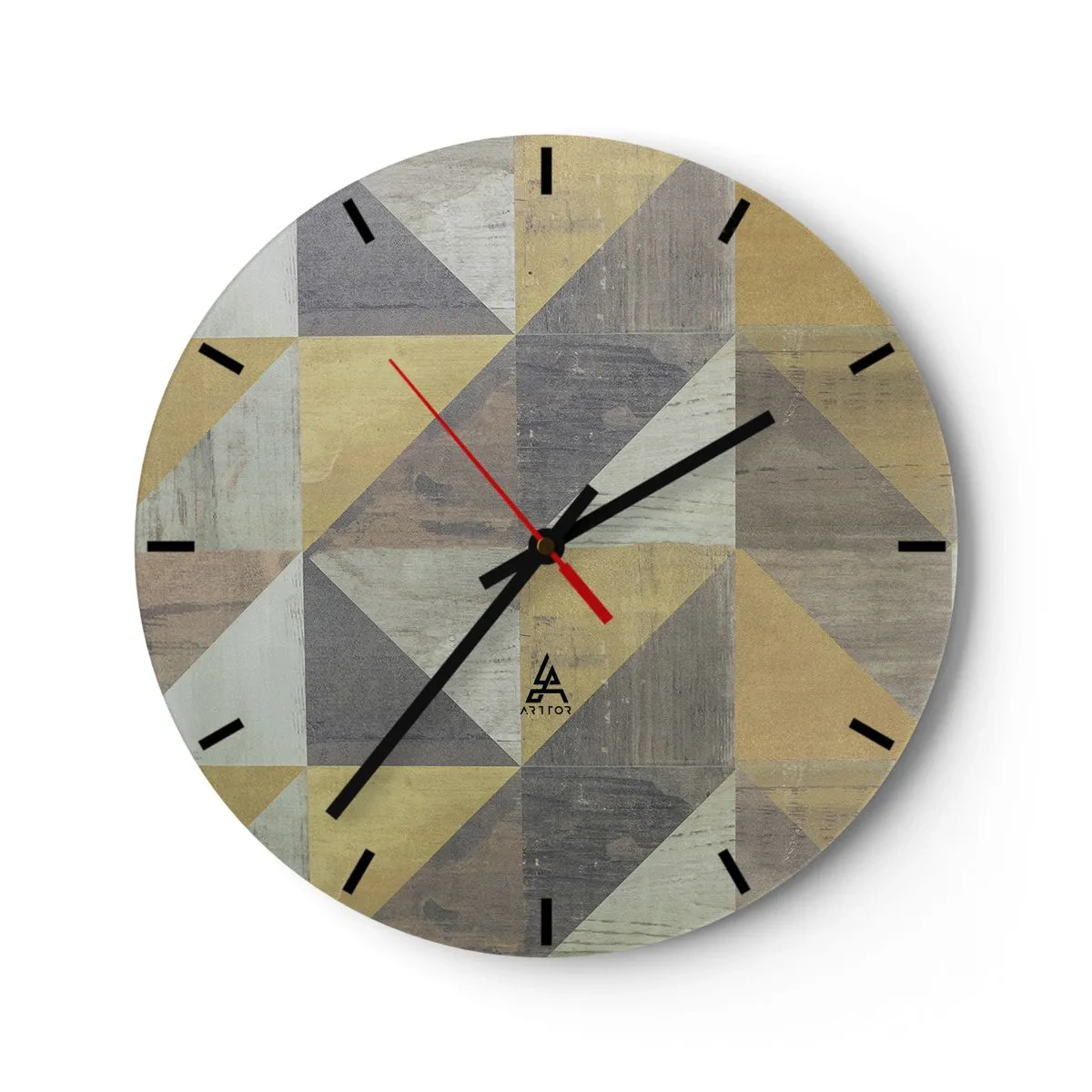 Väggklocka - Klocka på glas - Geometriskt mönster av trianglar i nyanser av grått och beige - 30x30cm - Under triangelns vinkel - Modern väggdekoration för vardagsrum, kök och sovrum ARTTOR
