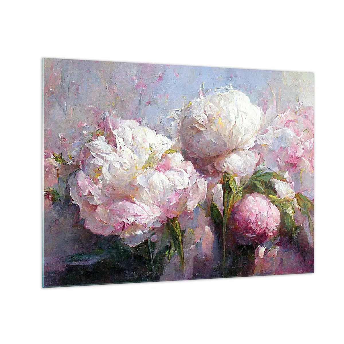 Glastavla - Bild på glas - Oljemålning av blommande vita och rosa pioner - 70x50cm - En bukett full av liv - Modern väggdekoration för vardagsrum och sovrum ARTTOR