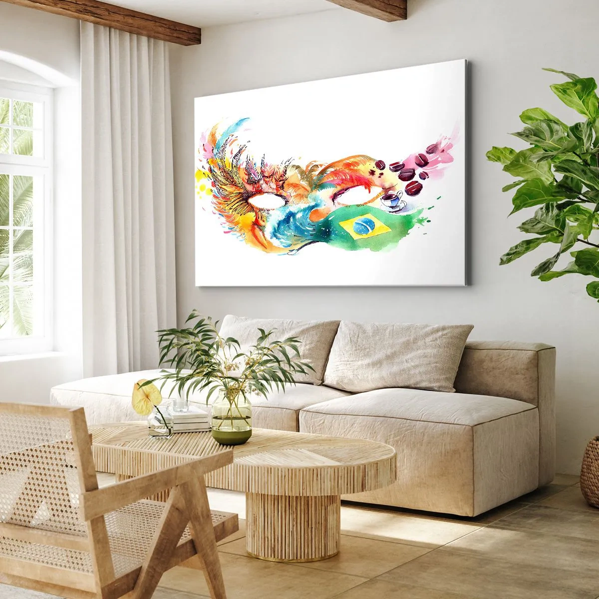 Canvastavla - Bild på duk - Färgglad akvarellmask inspirerad av Brasilien - 70x50cm - Brasilien hälsar välkommen med samba - Modern väggdekoration för vardagsrum och sovrum ARTTOR