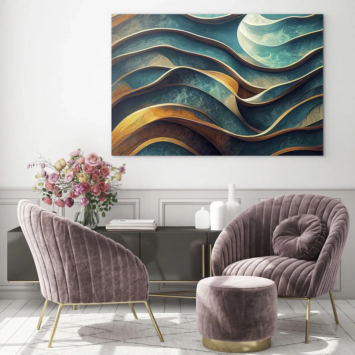 Glastavla - Bild på glas - Dynamiska linjer i blått och koppar skapar vågor - 70x50cm - Meandrar av blått - Modern väggdekoration för vardagsrum och sovrum ARTTOR