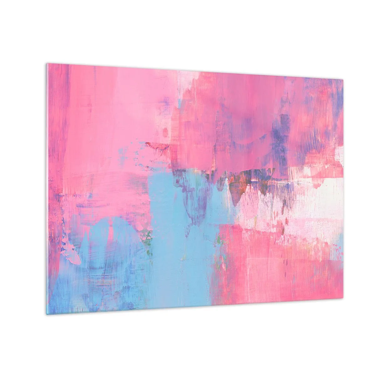 Glastavla - Bild på glas - Energisk abstraktion i nyanser av rosa och blått - 70x50cm - Rosa, blått och en gnutta ljus - Modern väggdekoration för vardagsrum och sovrum ARTTOR