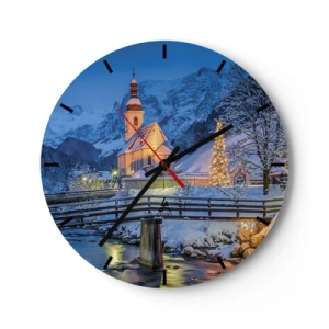 Väggklocka - Klocka på glas - Kyrka i vintermiljö med julgran - 30x30cm - Julens anda - Modern väggdekoration för vardagsrum, kök och sovrum ARTTOR