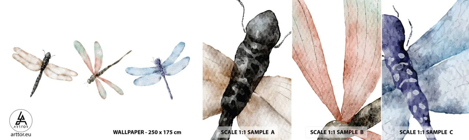 Provbit av självhäftande fototapet Deluxe Sticker - Viktlösa trollsländor - Insekter, Minimalistisk, Tung - 100x30 cm