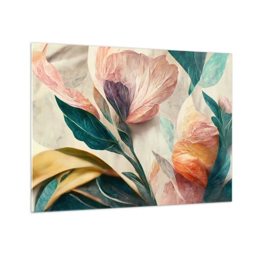 Glastavla - Bild på glas - Exotiska blommor och blad i pastellfärger i botanisk stil - 70x50cm - Blommor av de södra öarna - Modern väggdekoration för vardagsrum och sovrum ARTTOR