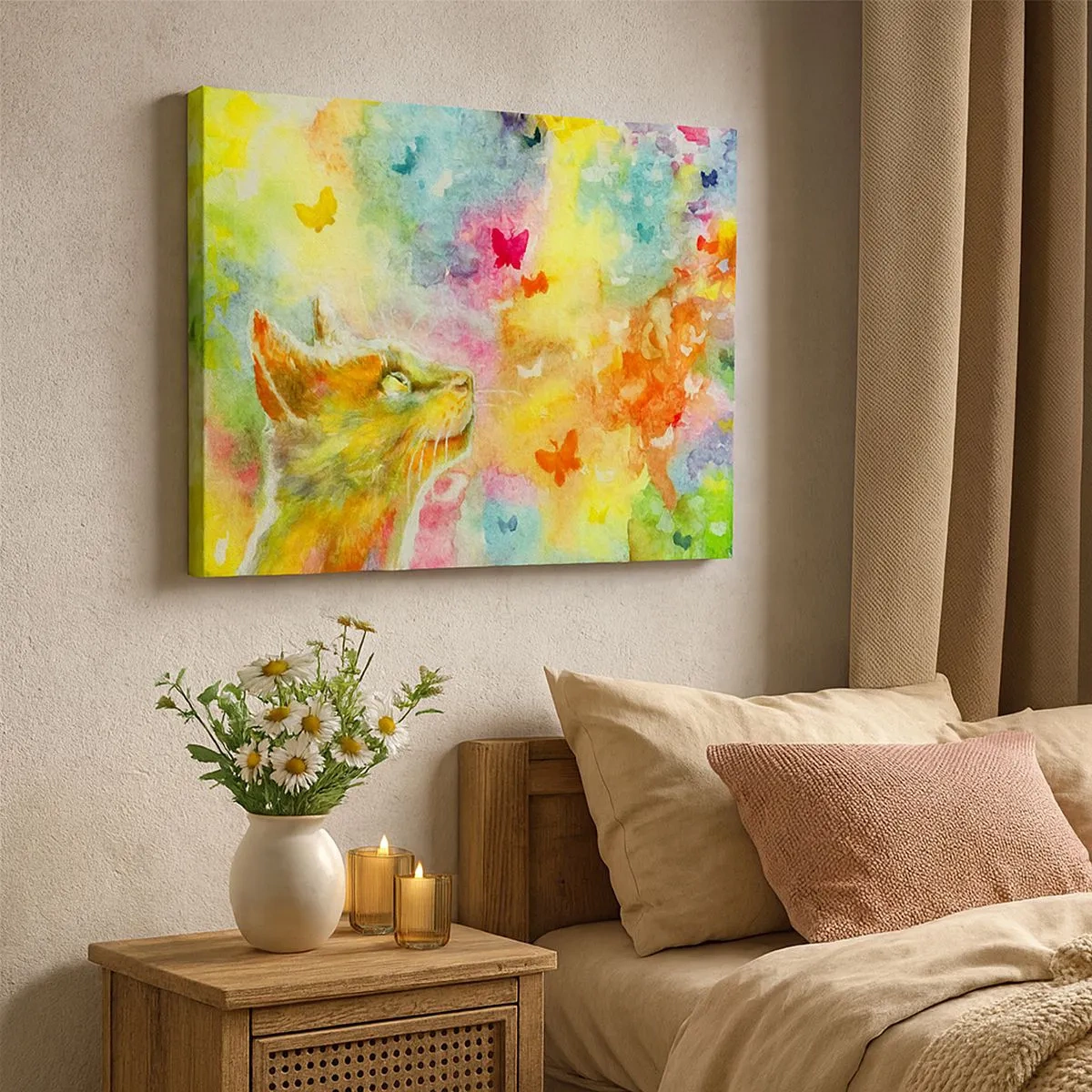 Canvastavla - Bild på duk - En katt omgiven av färgglada fjärilar - 70x50cm - I kattparadiset - Modern väggdekoration för vardagsrum och sovrum ARTTOR