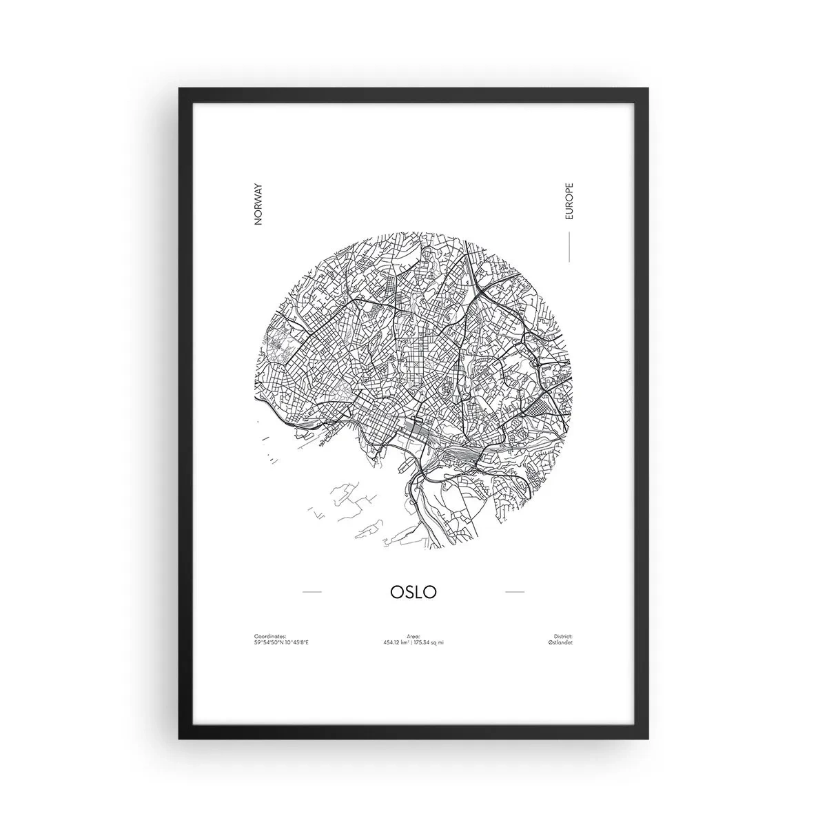 Affisch i svart ram - En minimalistisk svartvit karta över Oslo - 50x70cm - Oslos anatomi - Modern väggdekoration för vardagsrum och sovrum ARTTOR