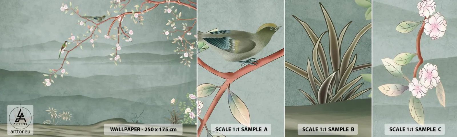 Fototapet Prov Standard Eco - Vår, ah, det är du - Pastell, Fåglar, Blommor - 100x30 cm