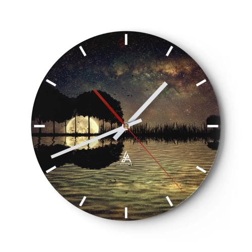 Väggklocka - Klocka på glas - Landskap med en sjö, träd och en stjärnklar himmel på natten - 30x30cm - En natt i världens ände - Modern väggdekoration för vardagsrum, kök och sovrum ARTTOR