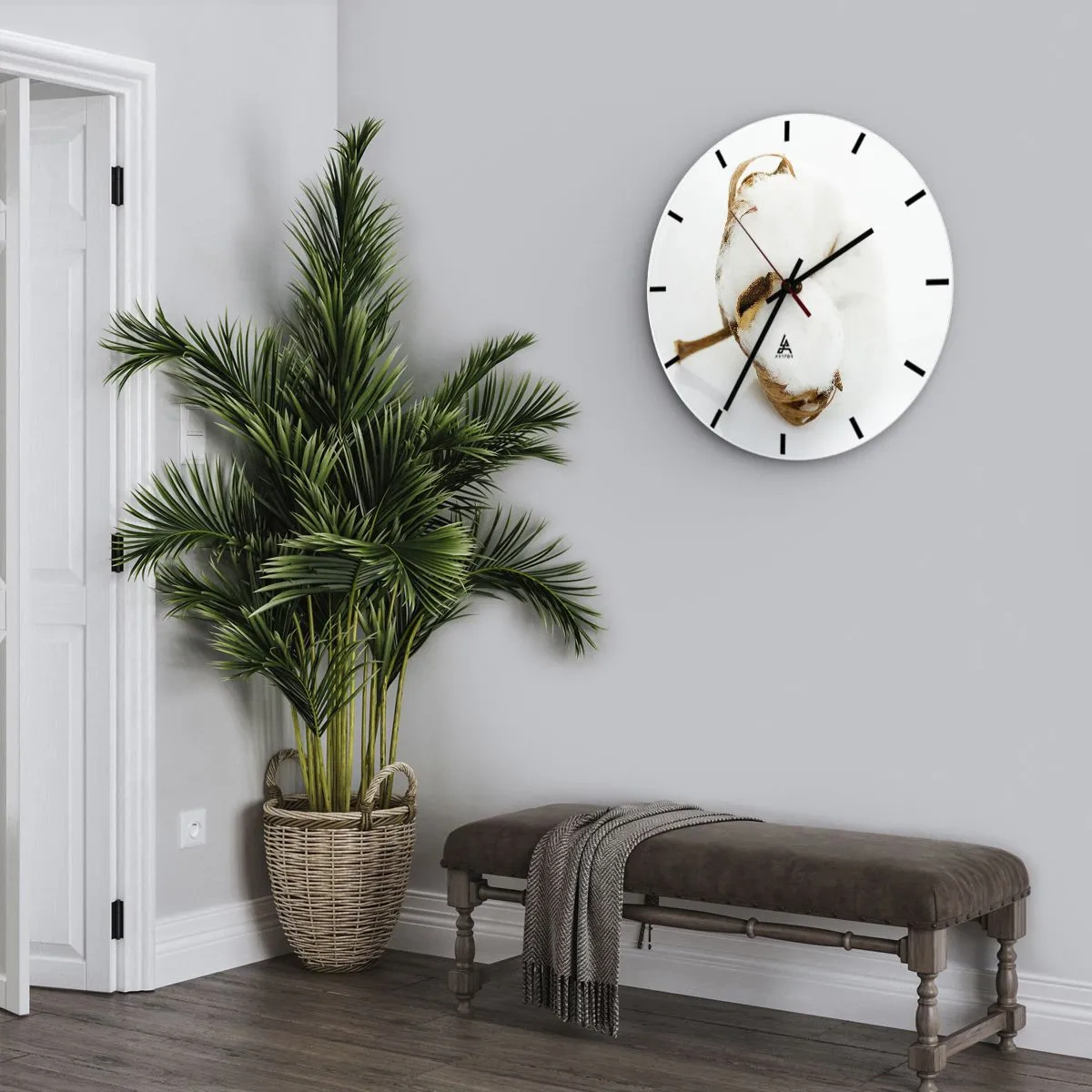 Väggklocka - Klocka på glas - En naturlig bomullskvist på en vit bakgrund - 30x30cm - Mjuk av naturen - Modern väggdekoration för vardagsrum, kök och sovrum ARTTOR