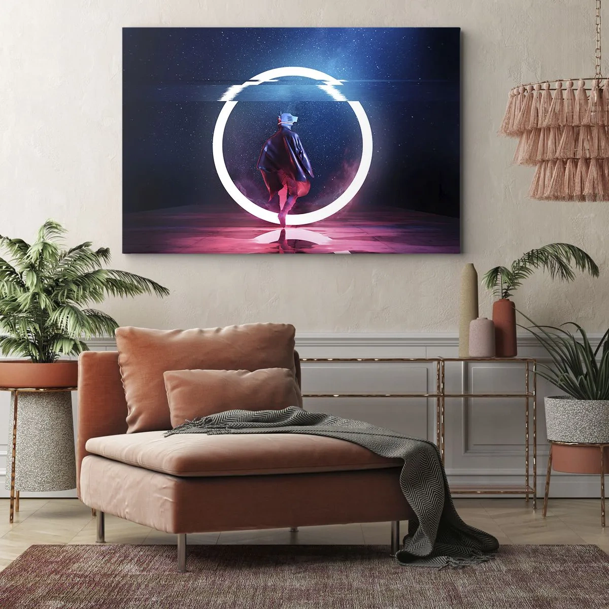 Canvastavla - Bild på duk - En karaktär i en futuristisk miljö med en neoncirkel - 70x50cm - Mellan världar - Modern väggdekoration för vardagsrum och sovrum ARTTOR