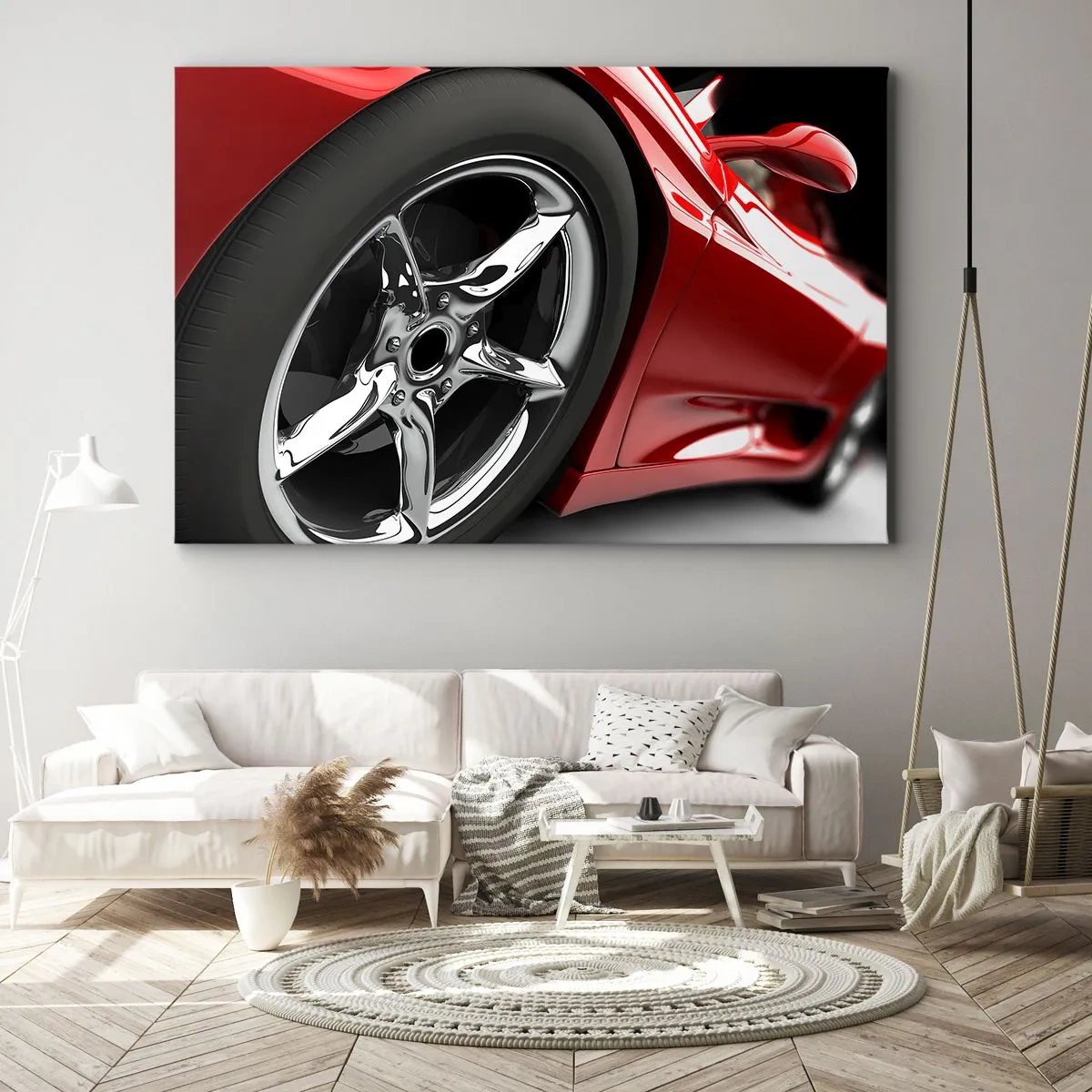 Canvastavla - Bild på duk - Röd sportbil med kromade fälgar - 70x50cm - Skapad att vara snabb - Modern väggdekoration för vardagsrum och sovrum ARTTOR