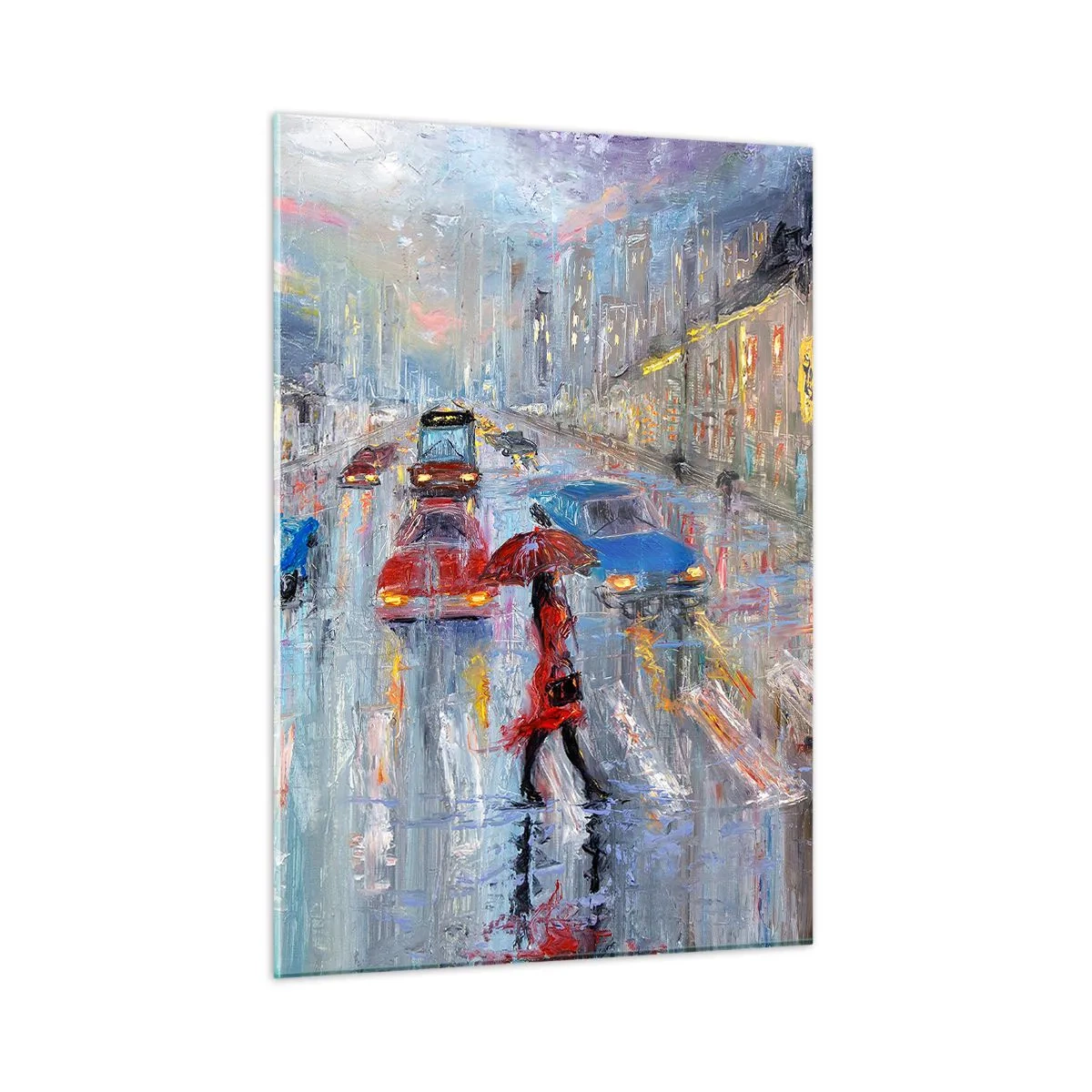 Glastavla - Bild på glas - Regnig eftermiddag i staden - 50x70 cm