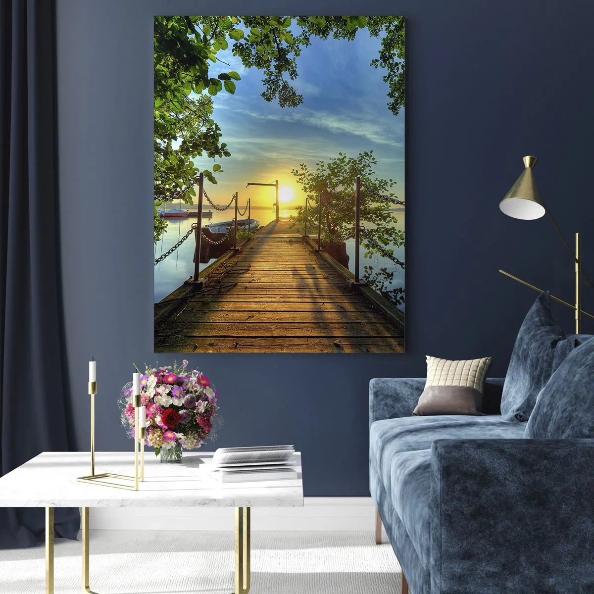 Glastavla - Bild på glas - Solnedgång vid vatten - 50x70 cm