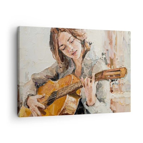 Canvastavla - Bild på duk - Porträtt av en flicka som spelar gitarr i målerisk stil med varma färger. - 70x50cm - Konsert för gitarr och en flickas hjärta - Modern väggdekoration för vardagsrum och sovrum ARTTOR