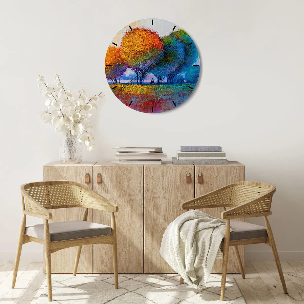 Väggklocka - Klocka på glas - Ett färgstarkt landskap av träd med intensiva nyanser - 30x30cm - Glad färgbukett - Modern väggdekoration för vardagsrum, kök och sovrum ARTTOR