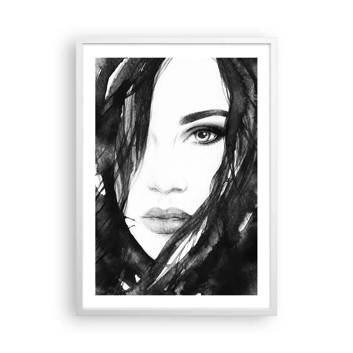 Affisch i vit ram - En damportätt i svart och vit - 50x70 cm