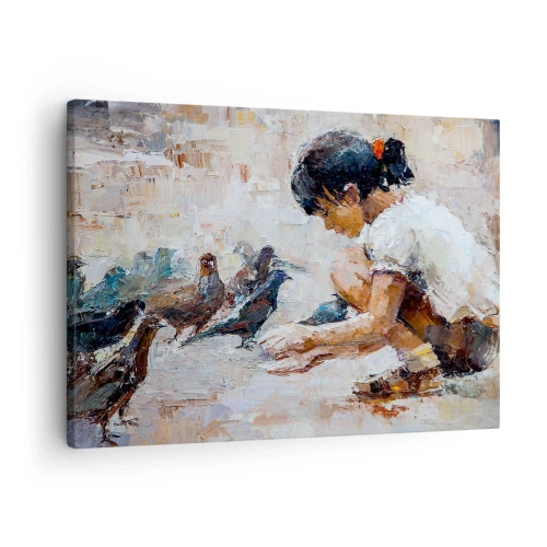 Canvastavla - Bild på duk - En flicka som matar fåglar i målerisk stil - 70x50cm - Minst och gulligast - Modern väggdekoration för vardagsrum och sovrum ARTTOR