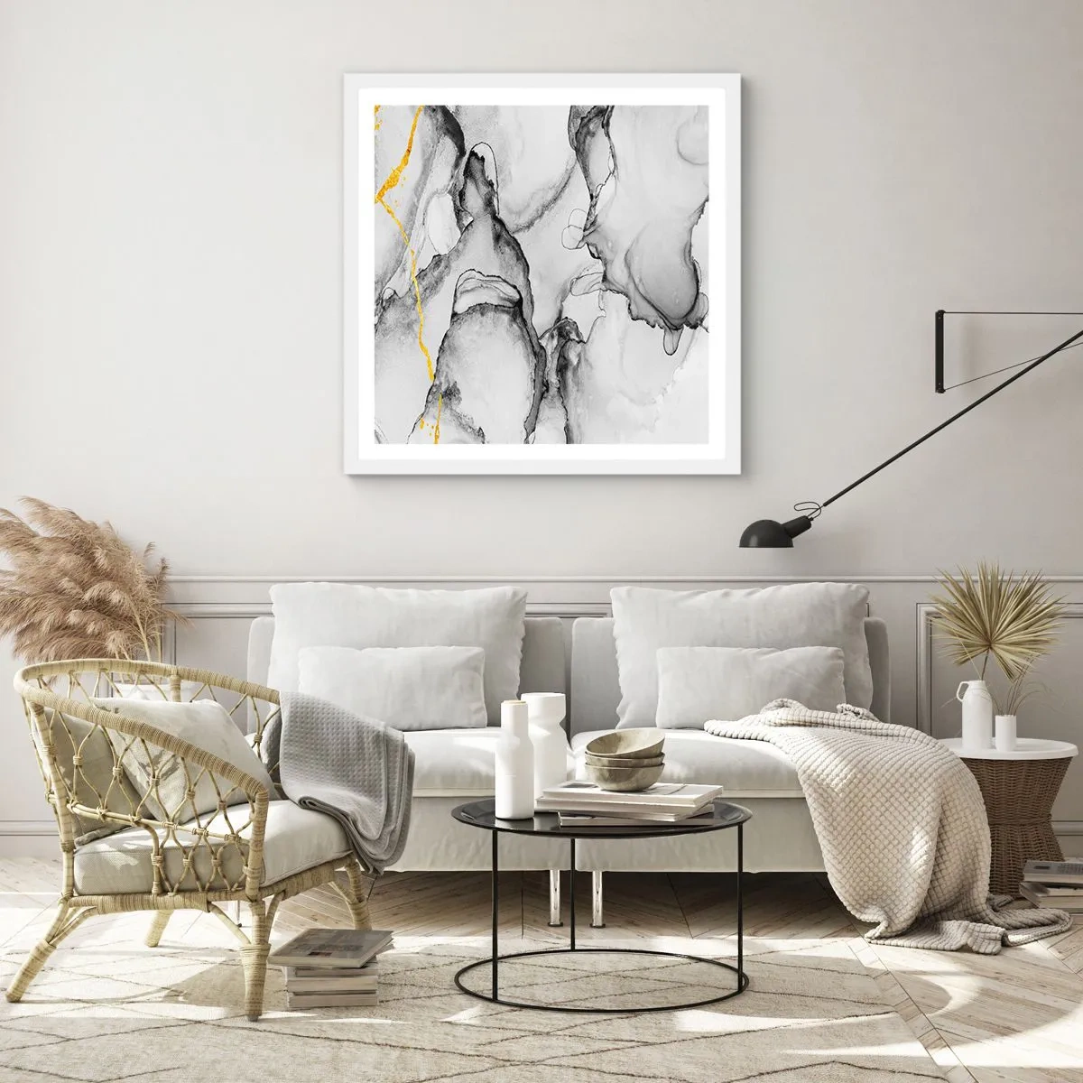 Affisch i vit ram - Komposition med guldmotiv - 40x40 cm