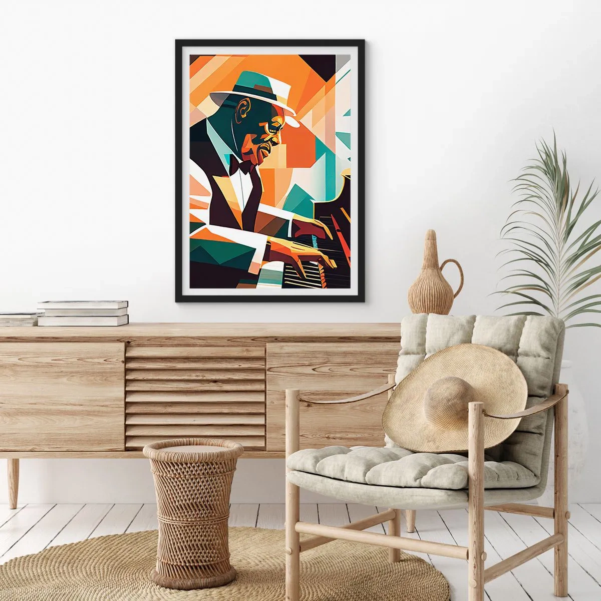 Affisch i svart ram - Abstrakt porträtt av en pianist i kubistisk stil - 50x70cm - Allt som är jazz - Modern väggdekoration för vardagsrum och sovrum ARTTOR