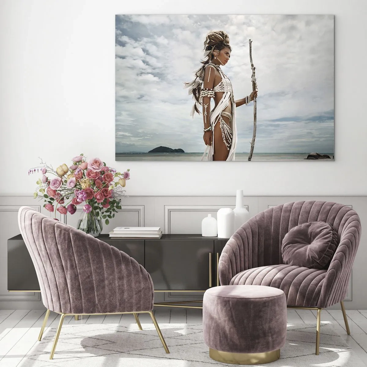 Glastavla - Bild på glas - En exotisk figur mot stranden och himlen - 70x50cm - Tropikens drottning - Modern väggdekoration för vardagsrum och sovrum ARTTOR